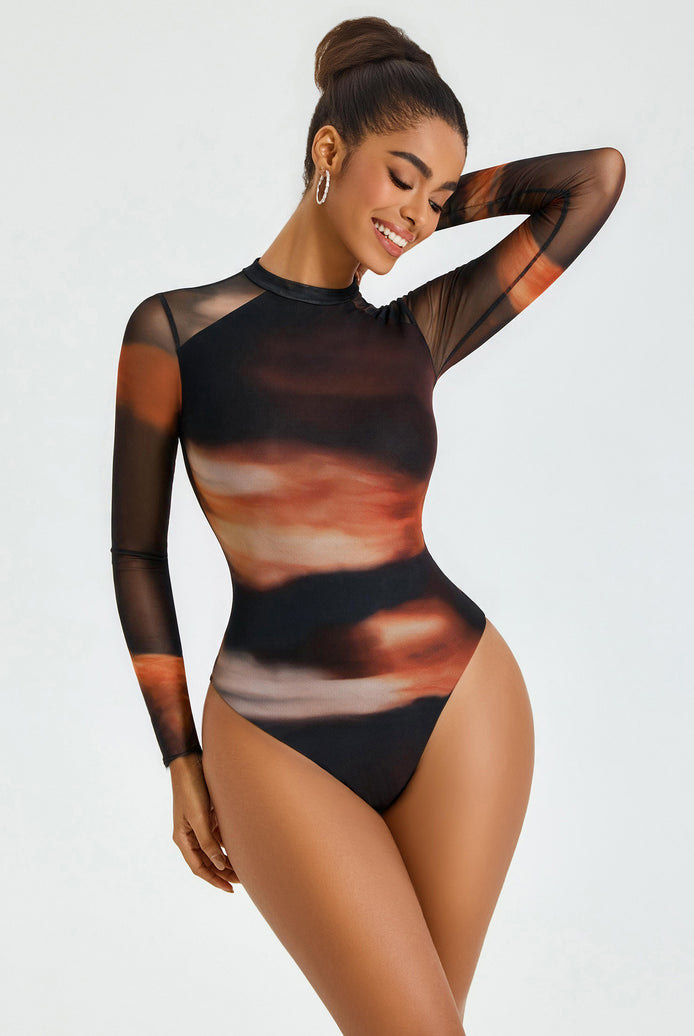 Black sheer mesh long-sleeve bodysuit, crew neck, double-lined, rust print