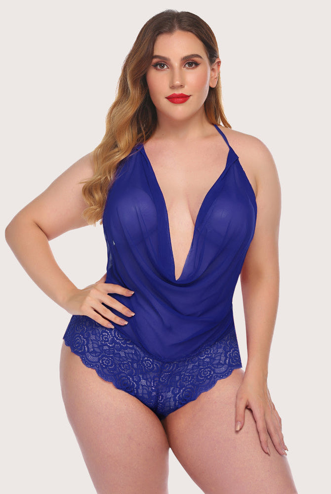 Avidlove blue lace halter bodysuit, featuring plunging neckline and floral lace details.