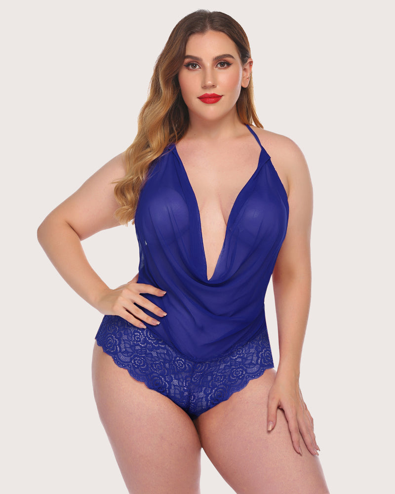 Avidlove blue lace halter bodysuit, featuring plunging neckline and floral lace details.