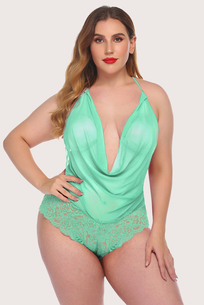 Mint green Avidlove one-piece lace halter bodysuit, plunging neckline, plus size lingerie