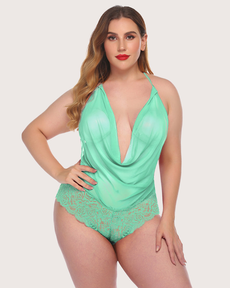 Mint green Avidlove one-piece lace halter bodysuit, plunging neckline, plus size lingerie