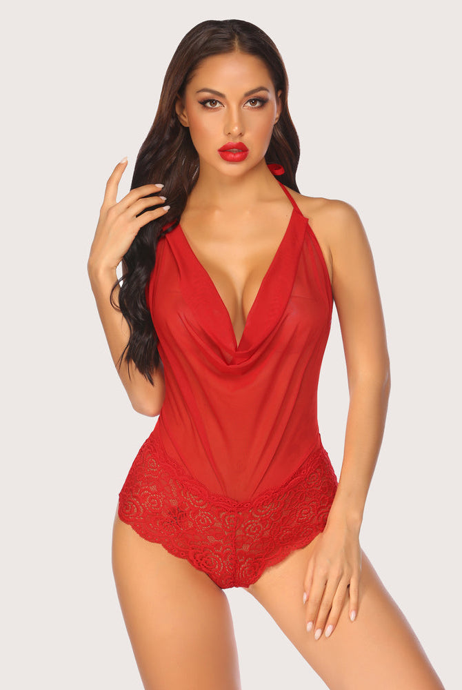 Red Avidlove lace halter bodysuit. Plunging neckline, halter neck, and floral lace detail.