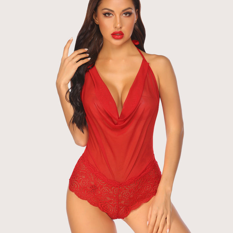 Red sheer lace halter V-neck bodysuit with backless design and lace details, Avidlove lingerie