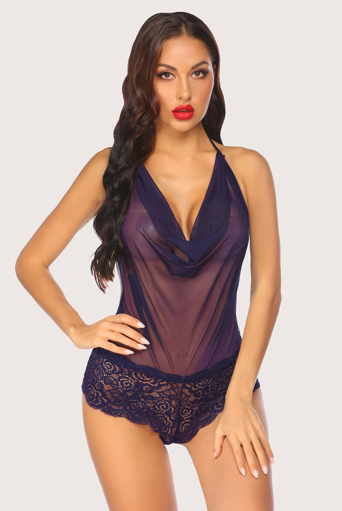 Navy blue Avidlove lace halter bodysuit with plunging neckline and floral lace. One-piece lingerie.