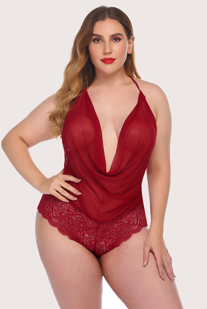 Red halter V-neck bodysuit, backless design, floral lace detailing, Avidlove lingerie