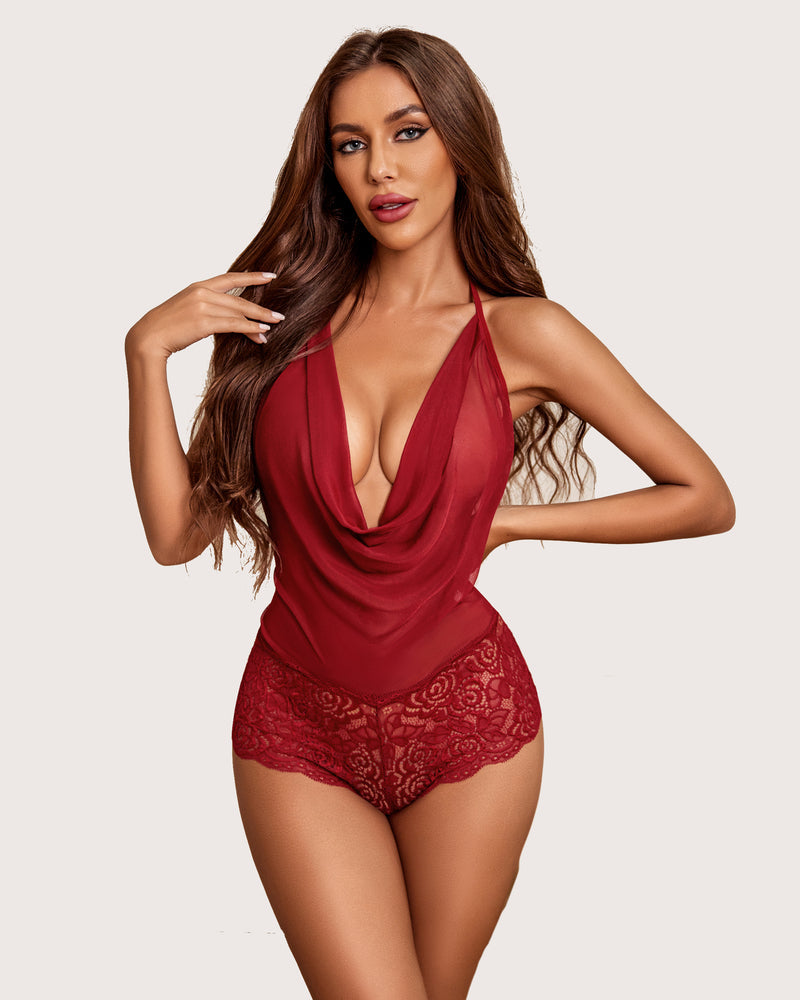 Avidlove red one-piece halter bodysuit with plunging neckline and floral lace detail