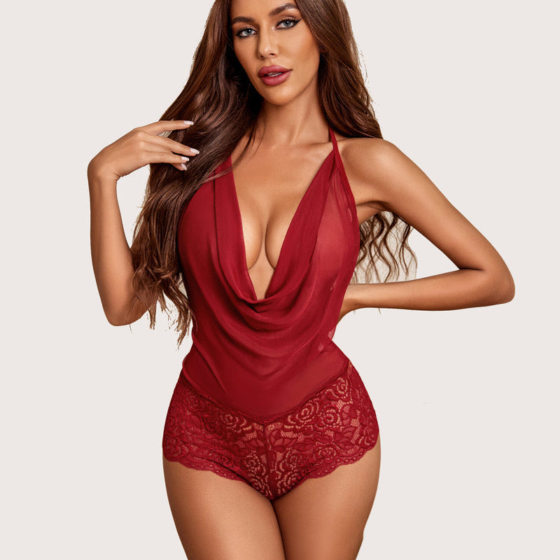 Burgundy lace halter V-neck bodysuit, backless design, Avidlove lingerie, floral lace details