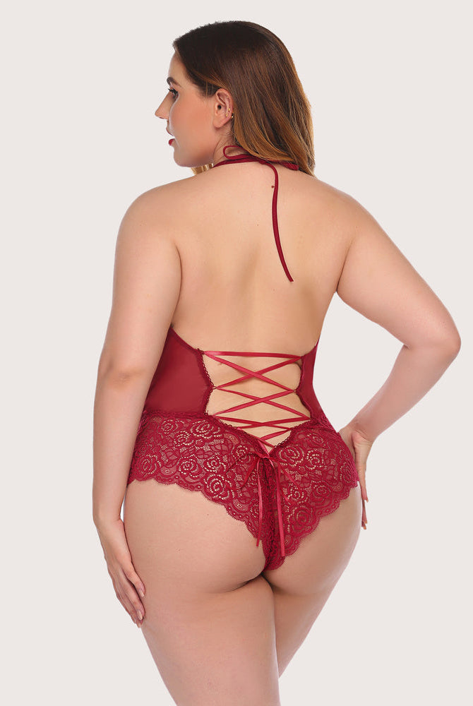 Burgundy lace halter V-neck bodysuit, backless design with lace-up detailing, Avidlove lingerie