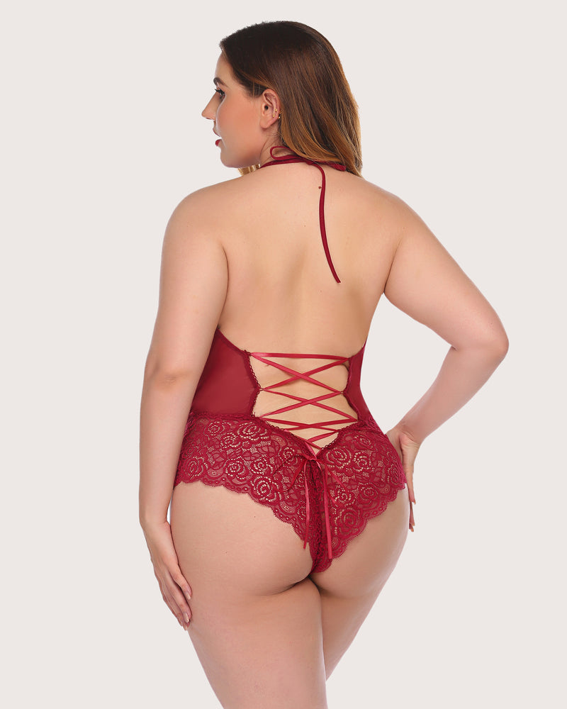 Burgundy lace halter V-neck bodysuit, backless design with lace-up detailing, Avidlove lingerie