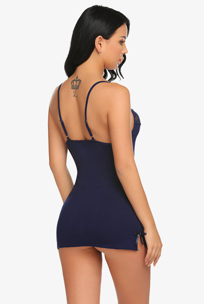 Navy blue chemise with lace detail, adjustable straps; elegant Avidlove lingerie design for women
