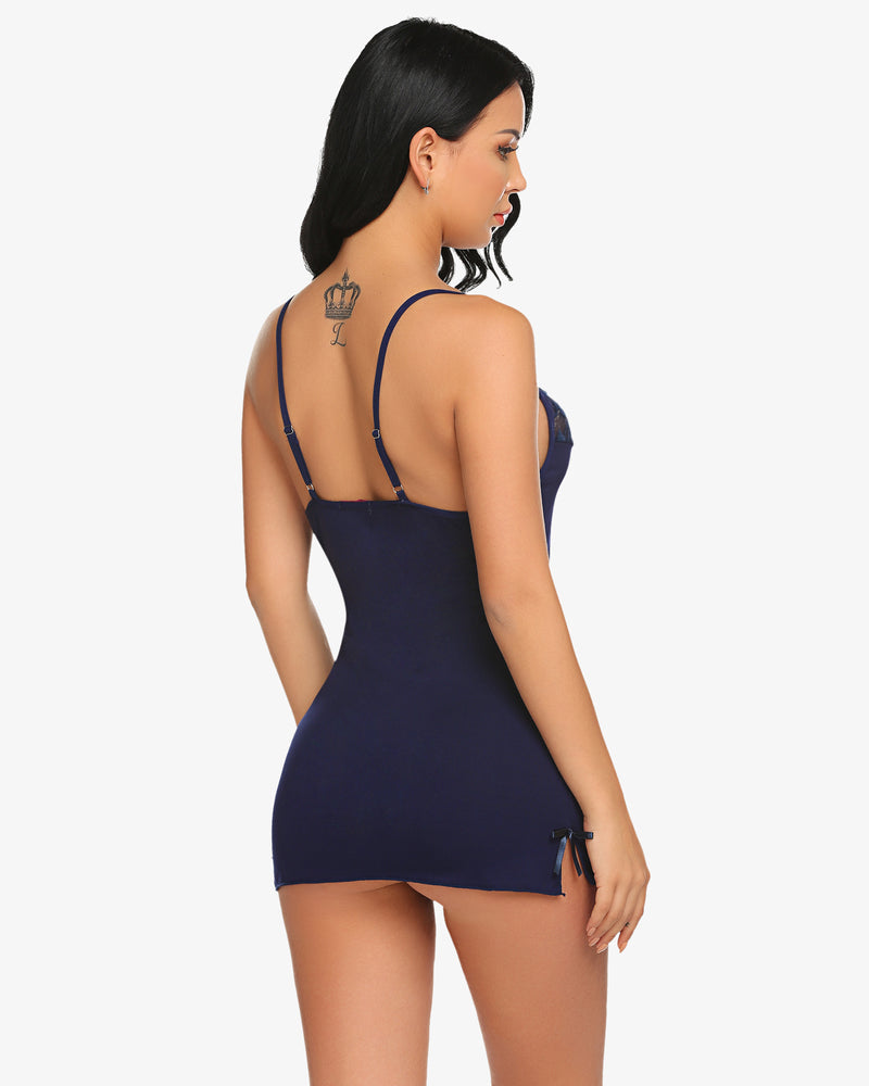 Navy blue chemise with lace detail, adjustable straps; elegant Avidlove lingerie design for women