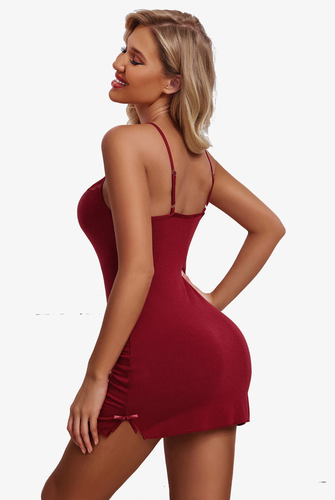 Red chemise with adjustable straps, side bow. Elegant Avidlove lingerie design for women.