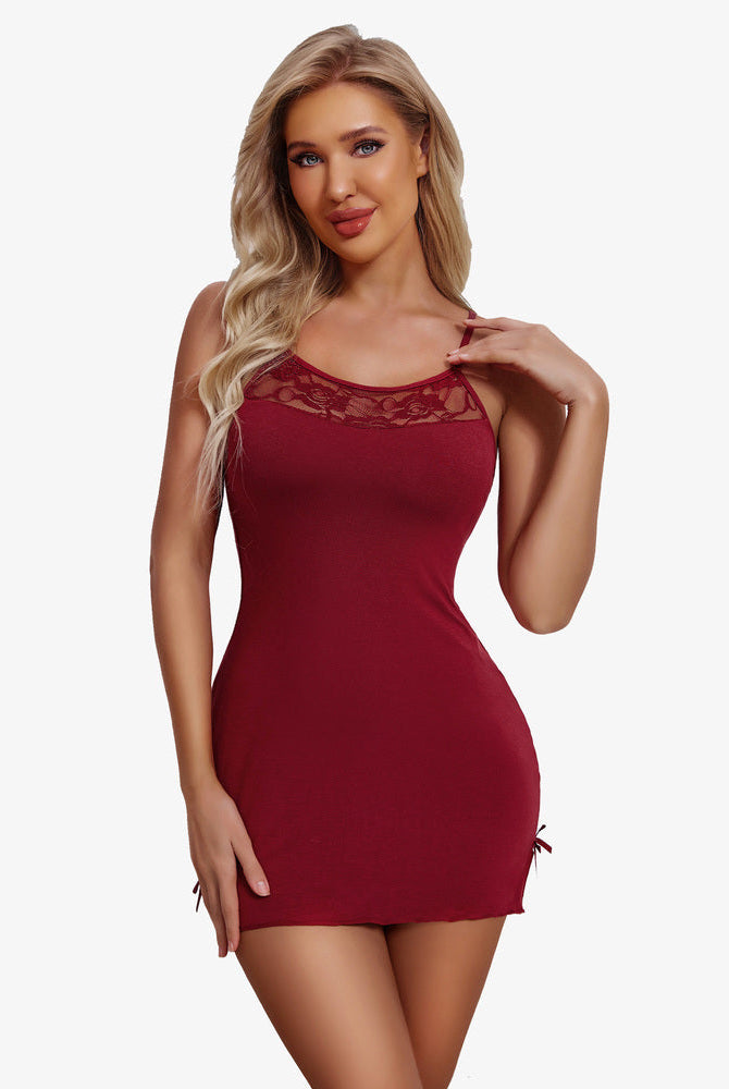 Avidlove burgundy chemise, lace detail, adjustable straps; elegant and sexy lingerie.