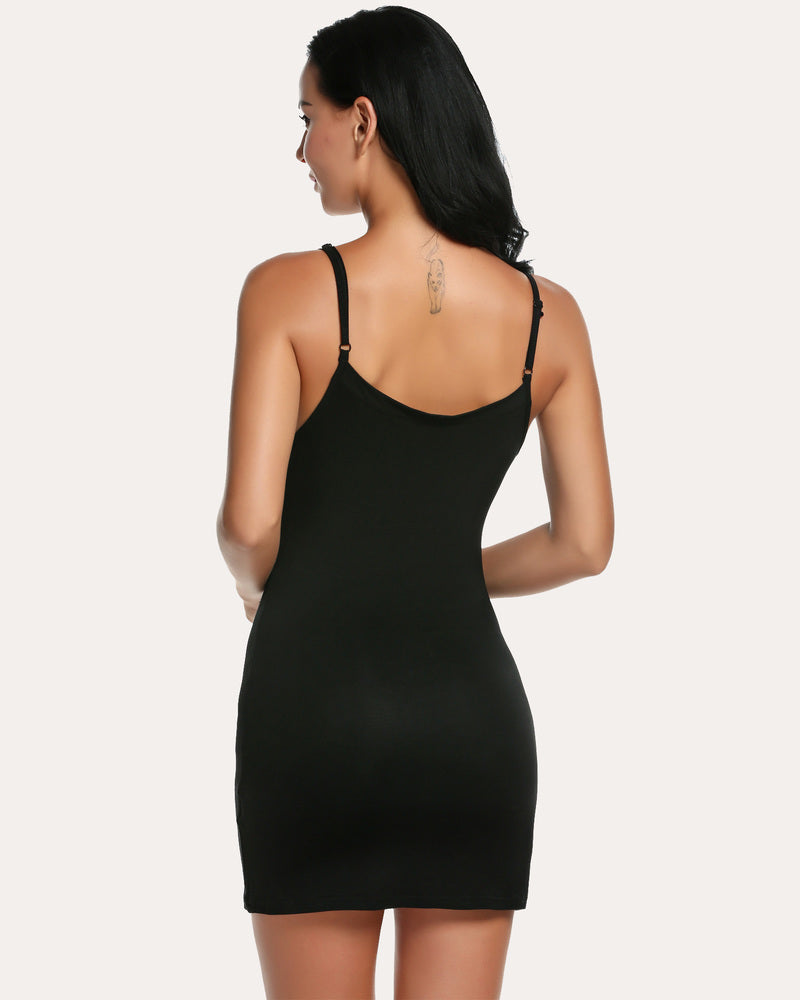 Black mini slip dress with spaghetti straps and open back, flattering shapewear.
