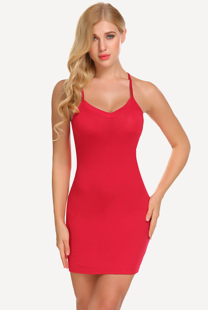 Red full slip mini dress shapewear with spaghetti straps and V-neckline, flattering fit