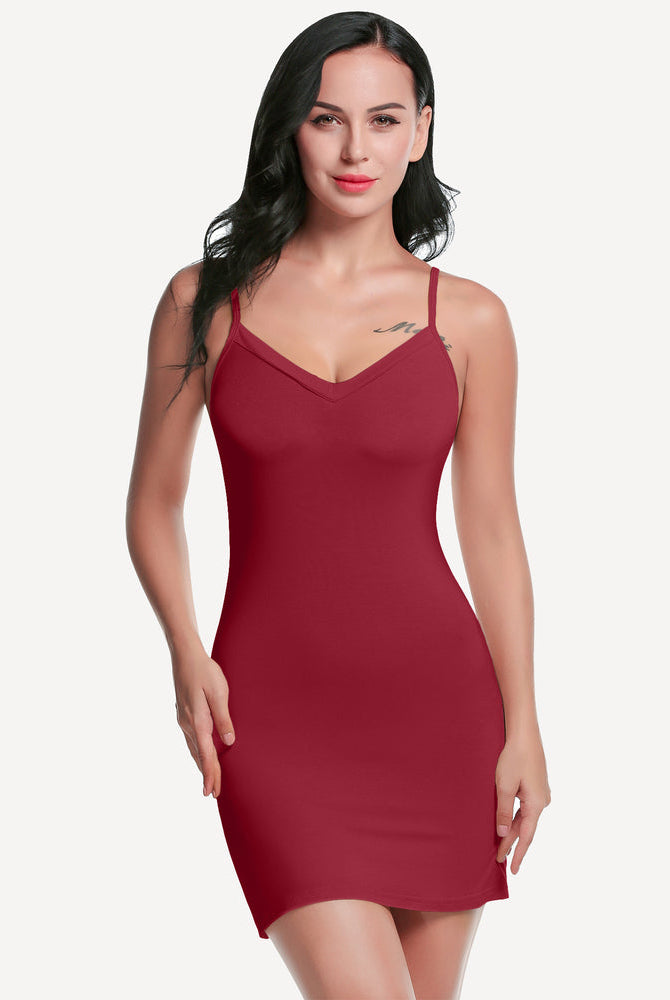 Burgundy mini slip dress shapewear with spaghetti straps and V-neck. Sexy and flattering design.