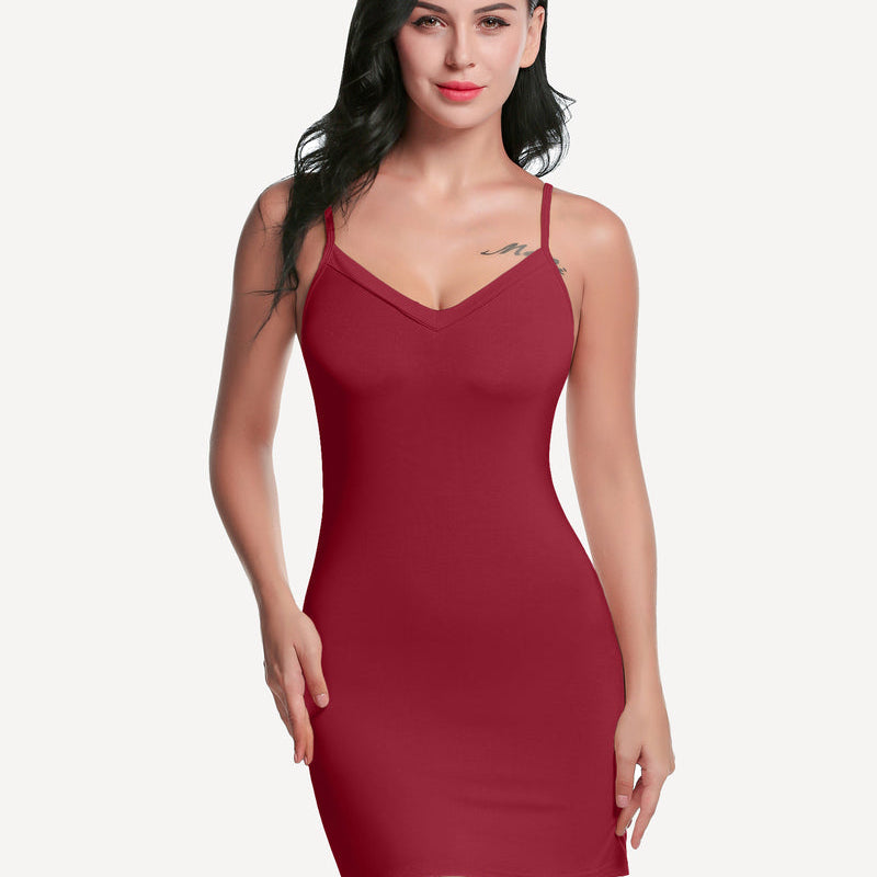 Burgundy mini slip dress shapewear with spaghetti straps and V-neck. Sexy and flattering design.