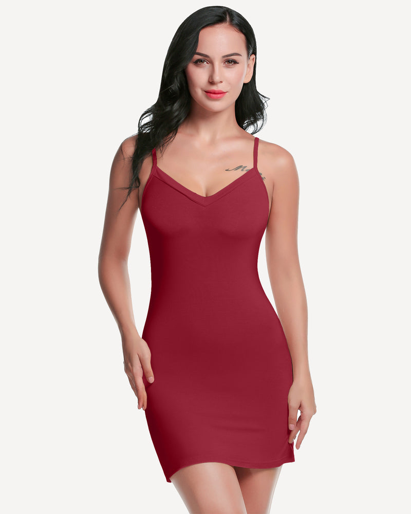 Burgundy mini slip dress shapewear with spaghetti straps and V-neck. Sexy and flattering design.