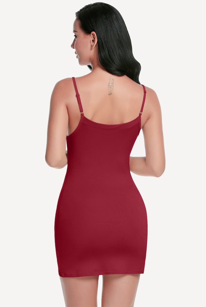 Burgundy mini slip dress shapewear with spaghetti straps and V-neck, sexy and flattering lingerie