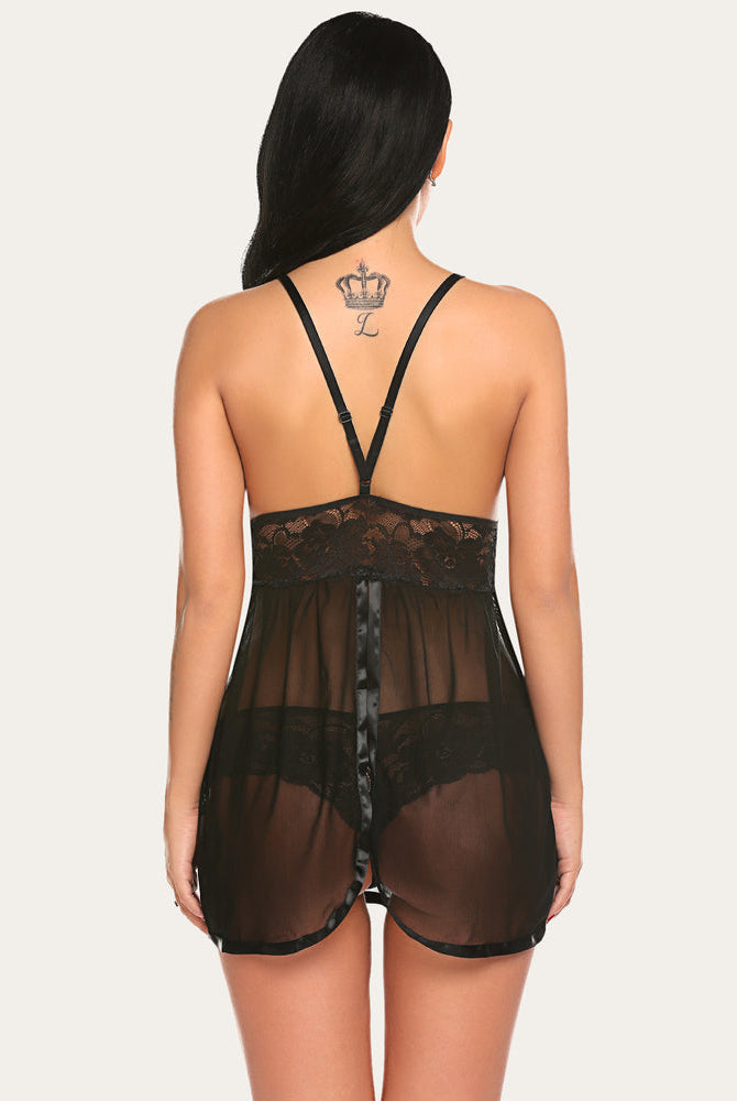 Black mesh V-neck babydoll lingerie with lace and adjustable straps for women.