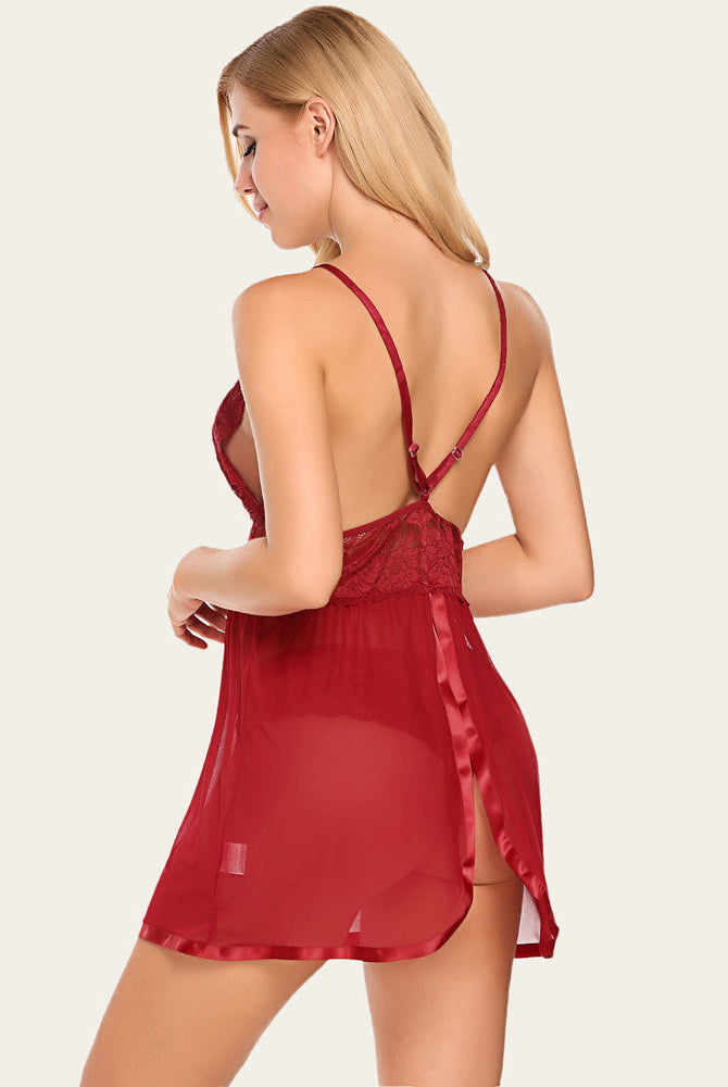 Maroon V-neck mesh babydoll lingerie set with lace detailing and adjustable straps for women.