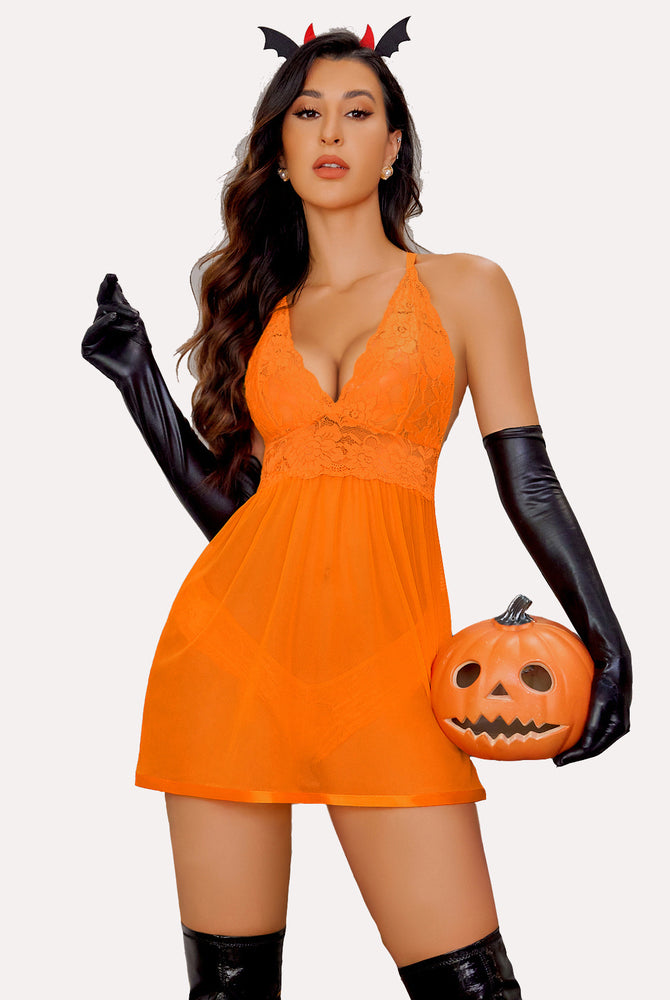 Halloween-themed orange lace V-neck babydoll lingerie with black accessories and pumpkin for women.