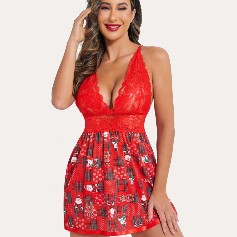 Red Christmas lace babydoll lingerie with lace cups and holiday print on a model.