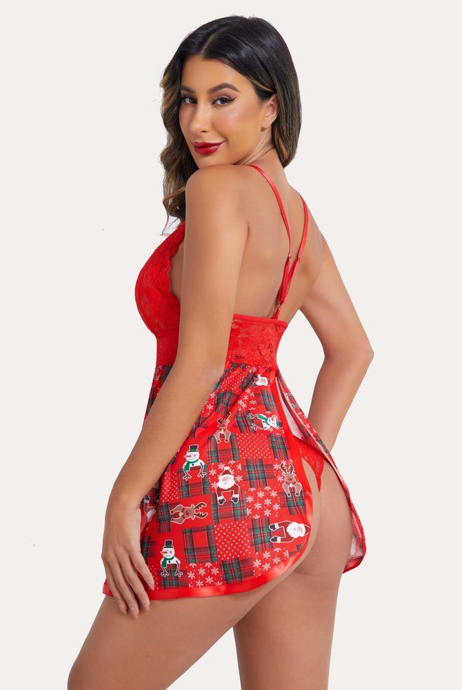 Red Christmas lace babydoll lingerie with lace cups and holiday print on a model. Adjustable straps