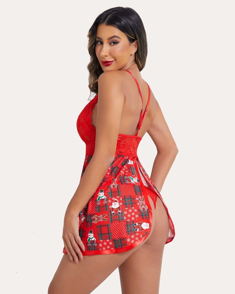 Red Christmas lace babydoll lingerie with lace cups and holiday print on a model. Adjustable straps