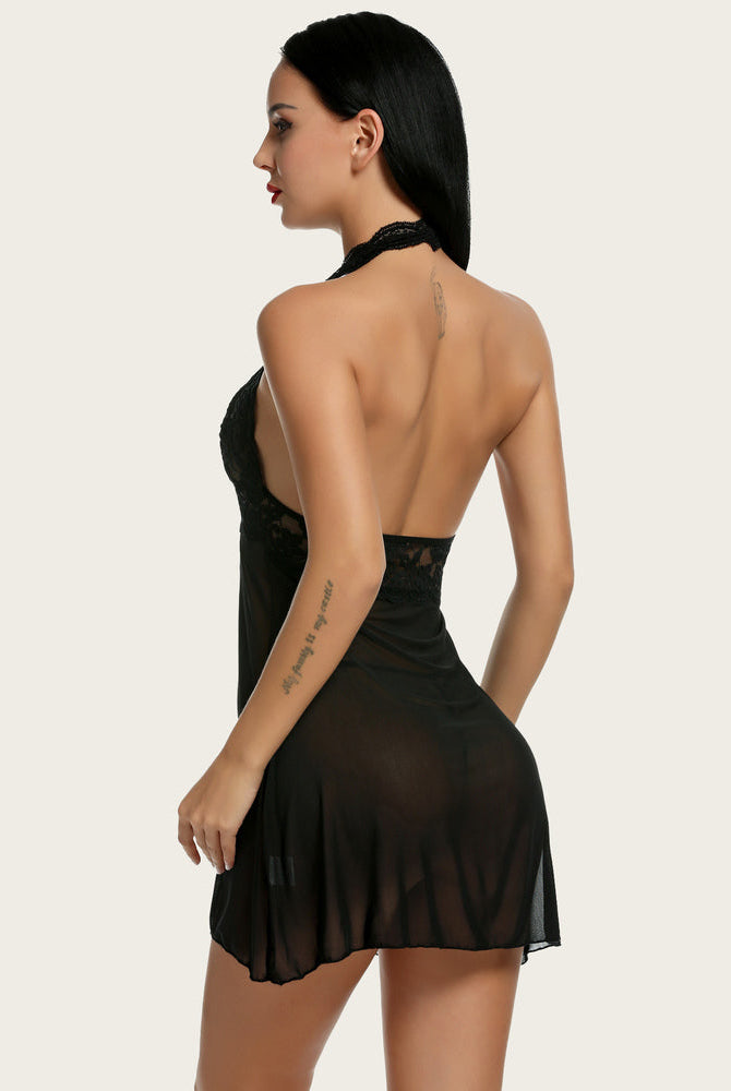 Black halter lace babydoll mesh nightwear. Elegant lingerie, perfect for creating confidence.