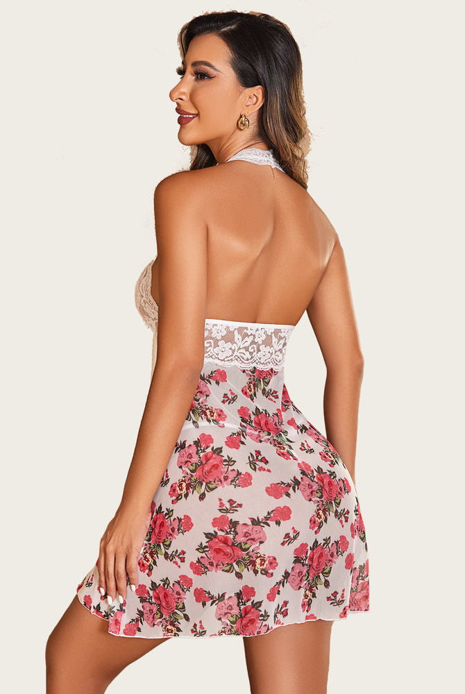 Pink floral halter babydoll nightgown with lace, mesh, and floral print, sexy lingerie