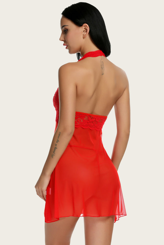 Red halter lace babydoll nightwear with mesh skirt, Avidlove lingerie. Elegant and sexy design