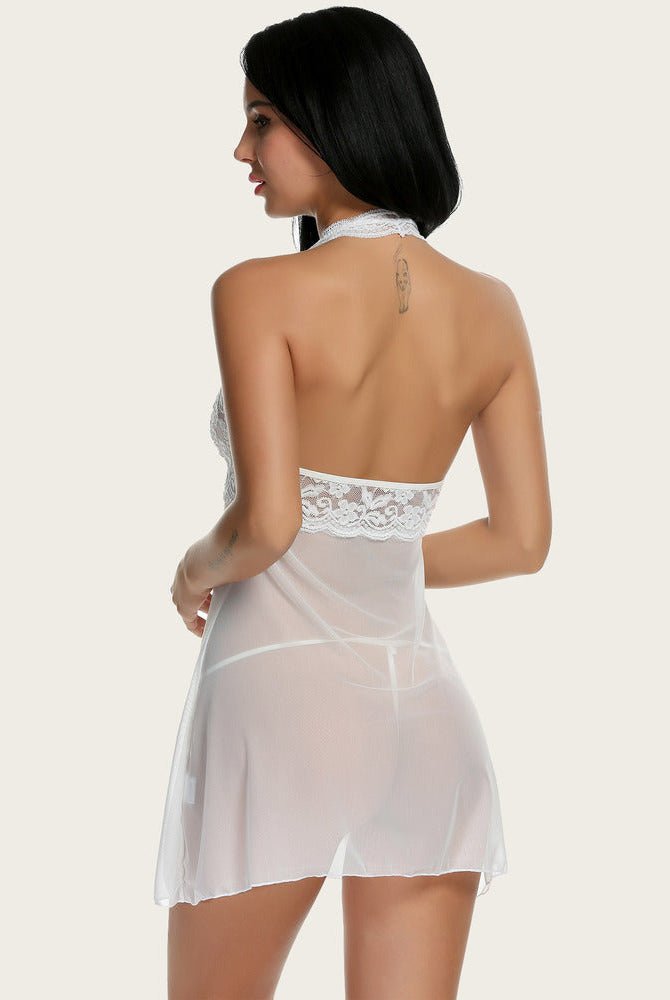 White halter babydoll lingerie set with mesh skirt. Elegant, sexy design by Avidlove.