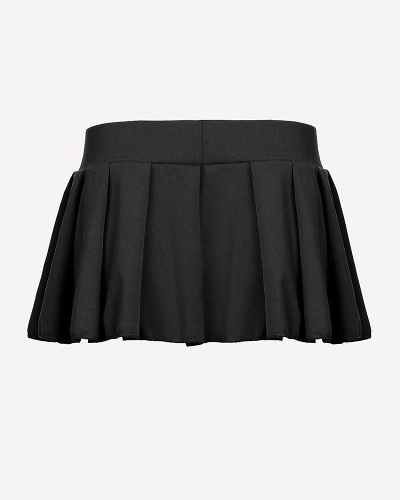 Black pleated mini skirt with elastic waistband, schoolgirl cosplay style, sexy and charming design.