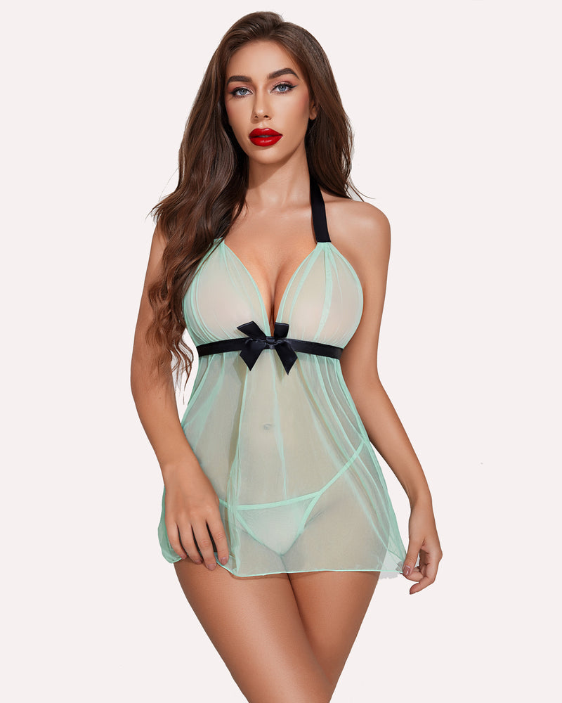 Mint green sheer mesh babydoll lingerie set with black bow detail. Comfortable and sensual design.