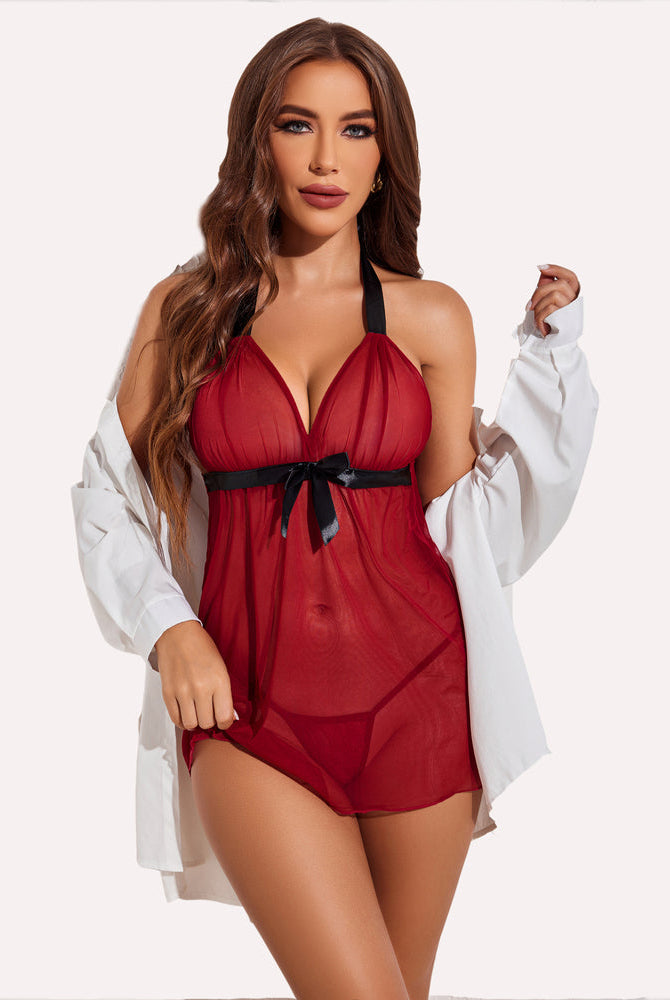 Burgundy halter babydoll lingerie set with black bow and sheer mesh; sensual and comfortable.