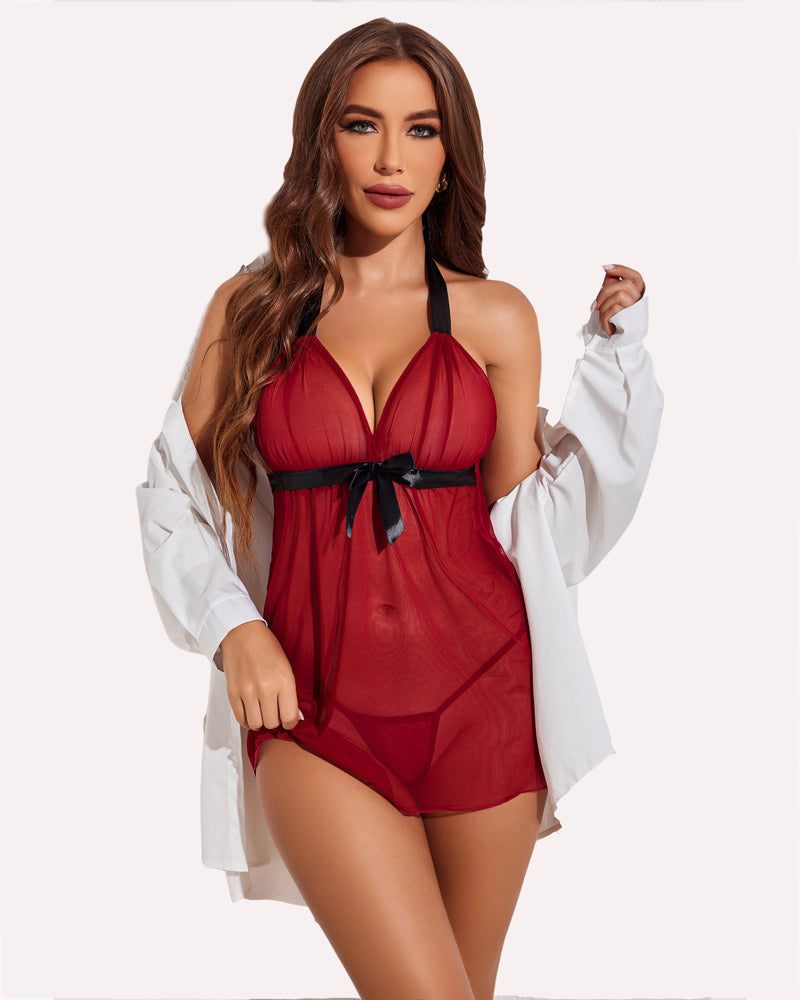 Burgundy halter babydoll lingerie set with black bow and sheer mesh; sensual and comfortable.