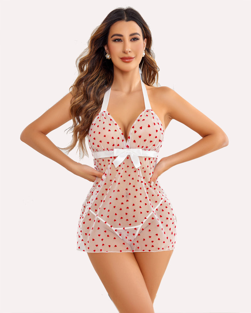 Red heart babydoll lingerie, halter neck, sheer mesh, bow detail, sexy lingerie.