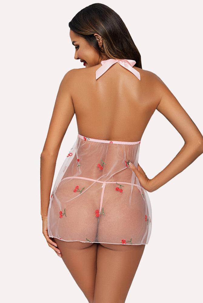 White sheer babydoll lingerie with cherry embroidery, halter neck and bow; sexy and romantic.