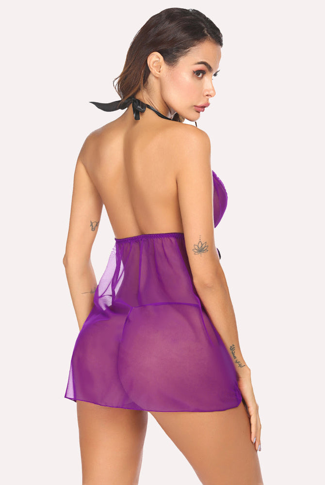 Purple sheer mesh halter babydoll lingerie set, low back design for sensuality and comfort