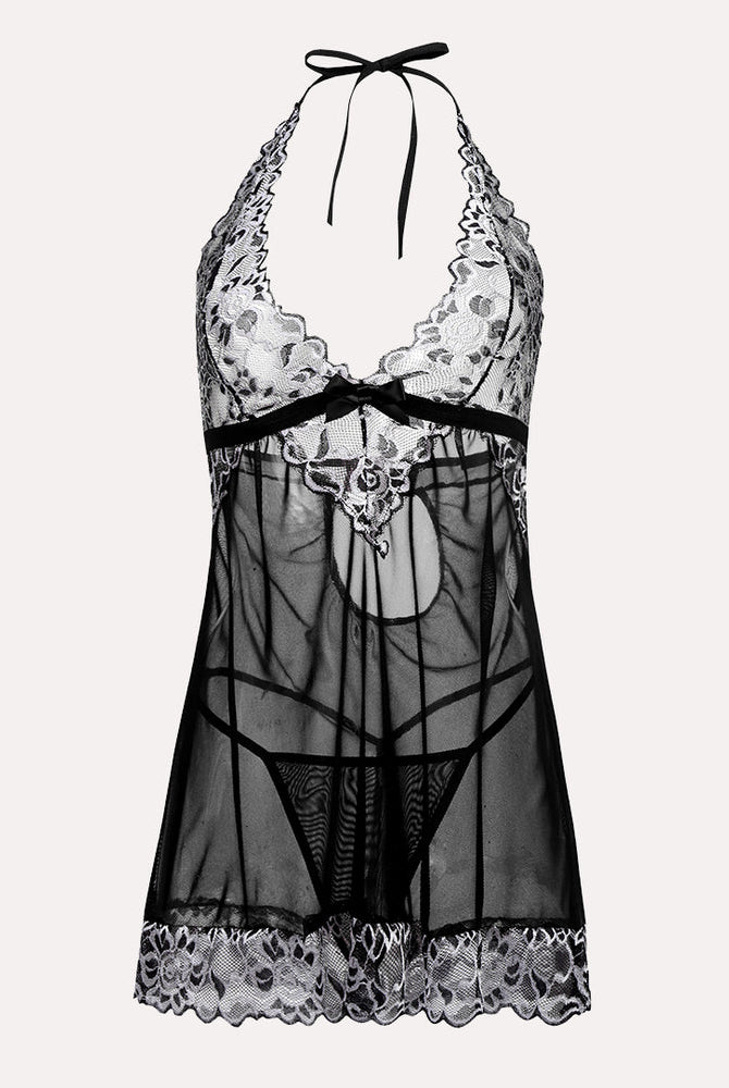 Black V-neck babydoll lingerie with white lace trim, halter neck, and bow detail
