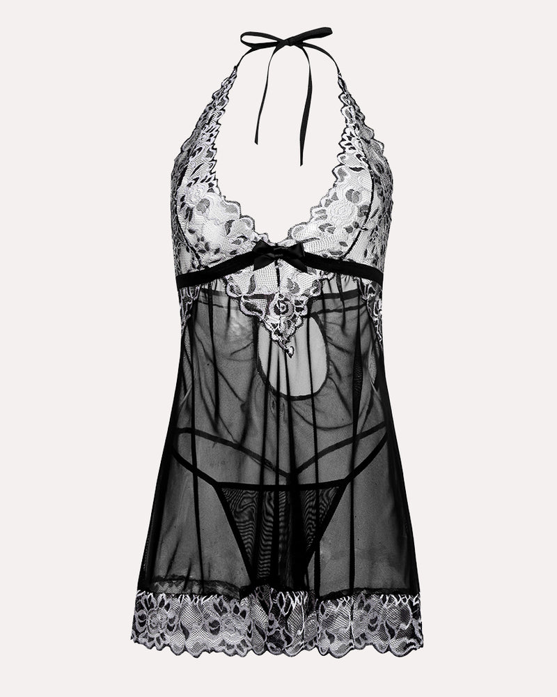 Black V-neck babydoll lingerie with white lace trim, halter neck, and bow detail