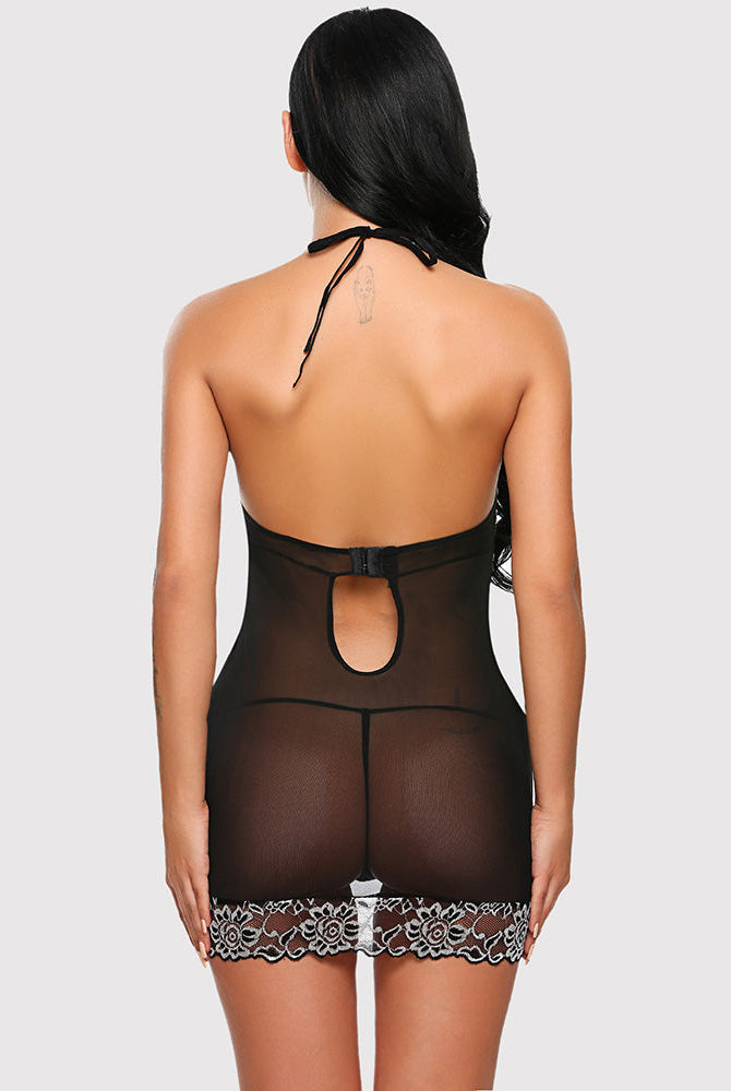 Black lace babydoll chemise with open back cutout and scalloped lace hem