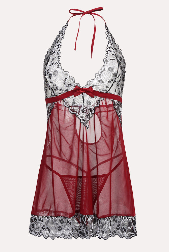 Lace babydoll mesh chemise with halter straps, scalloped lace hem, and red ribbon bow.