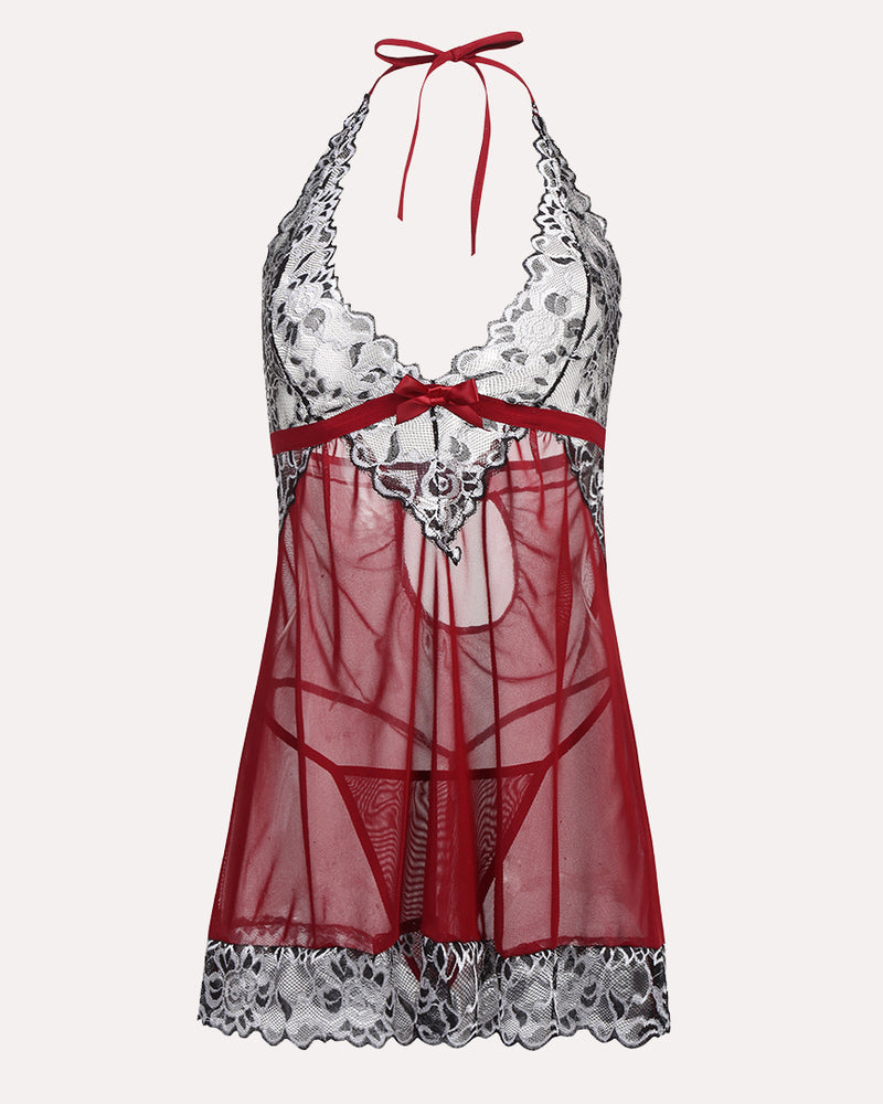 Avidlove Red Mesh Lace Babydoll Nightwear with Halter Neck, Floral Lace Trim and Bow Detail