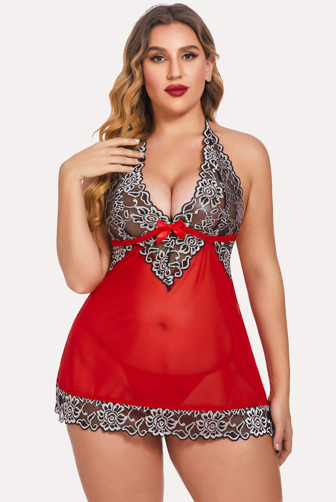 Red lace babydoll lingerie with halter neck, floral trim, and bow; perfect for special occasions