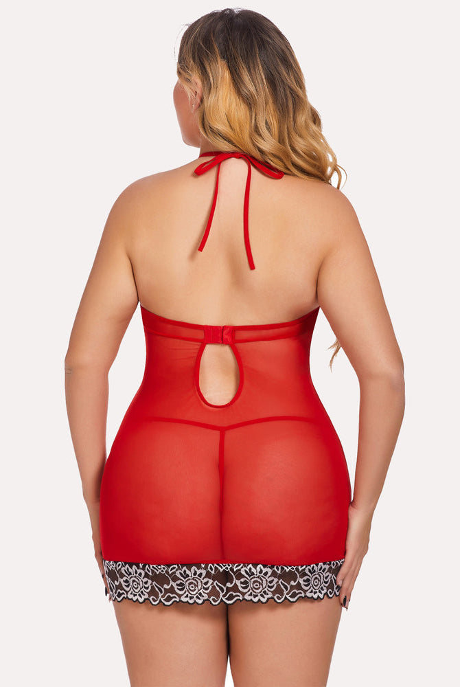 Lace mesh babydoll chemise, red back with tie straps and lace scalloped hem