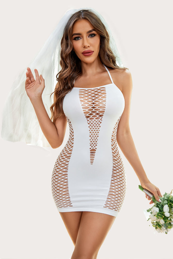 White fishnet bridal chemise, veil, and bouquet. Sexy, confident look for a bride.