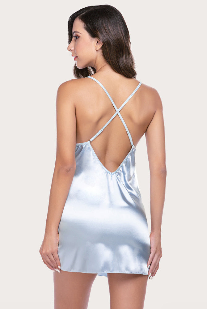 Plus size light blue satin sleepwear with V-neck and adjustable straps, elegant back view.