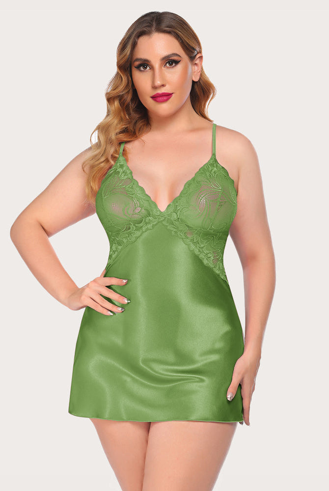 Green satin nightdress with lace cups and adjustable straps. Avidlove lingerie for confidence.